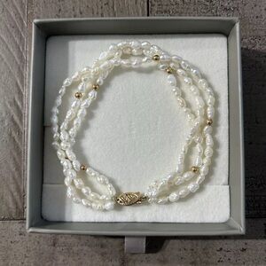 Vintage White Stone And 14KT Gold Bead Triple Strand Bracelet